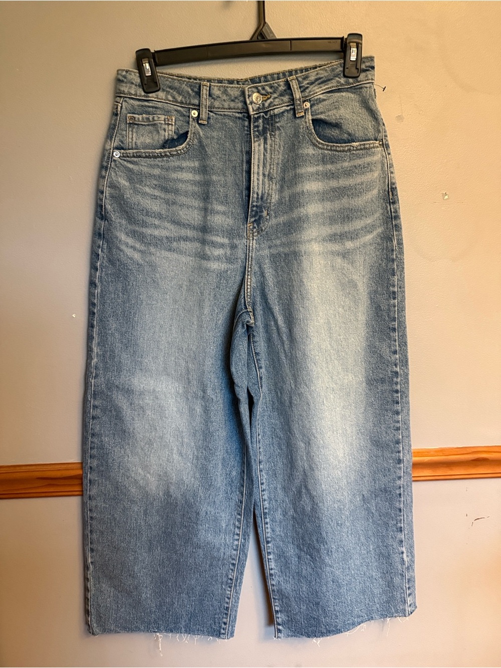 Wild Fable High Waisted Wide Leg Crop Raw Hem Blue Denim Jeans Sz 10